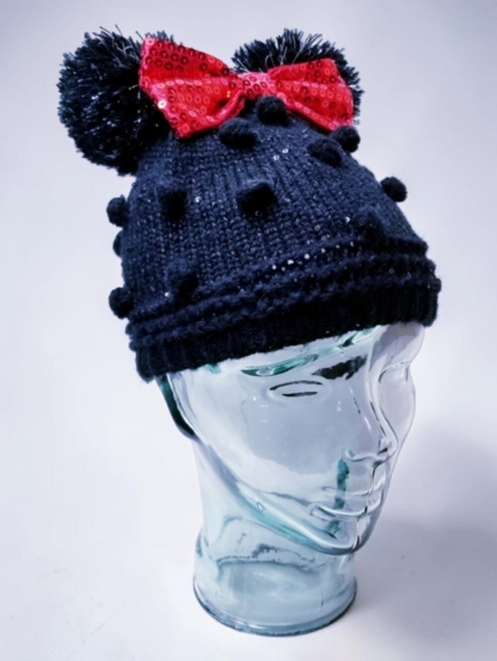 Disney Store Minnie Mouse Beanie XS/S 3-6 Sequin Bow Pom Pom Ears Knit Hat Black